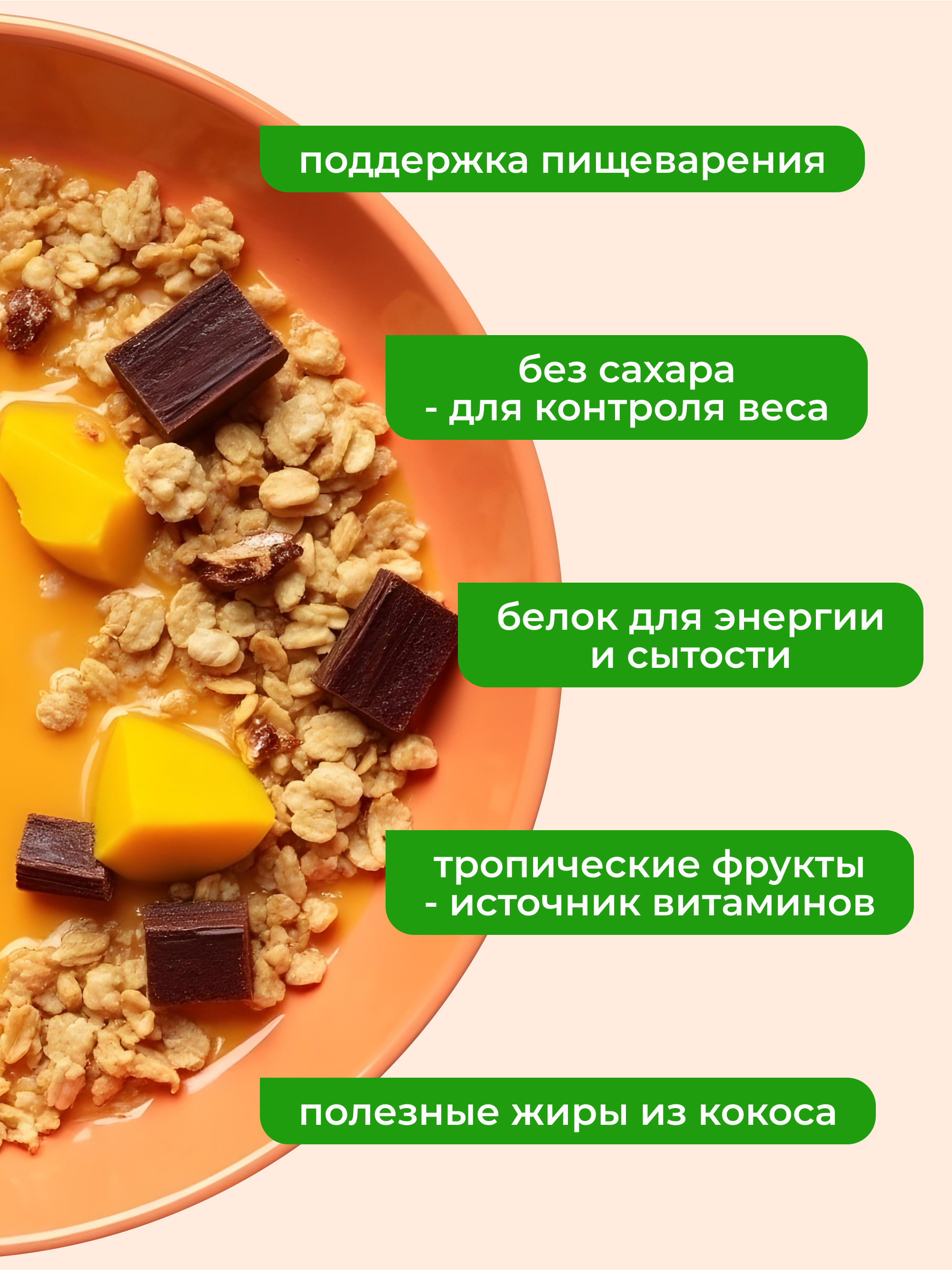 Протеиновая гранола без сахара, манго-шоколад, 250 г