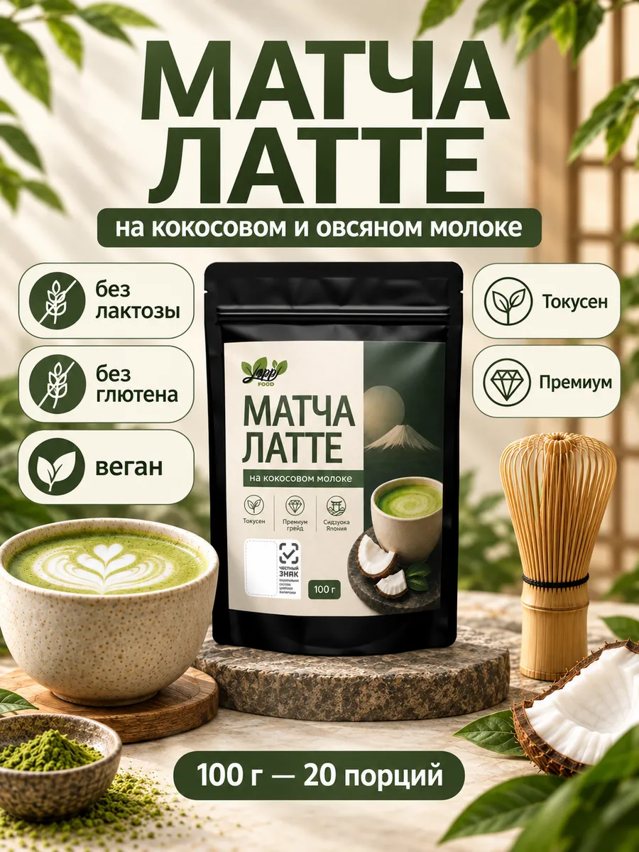 Матча латте на кокосовом молоке, порошковый напиток, 100 г