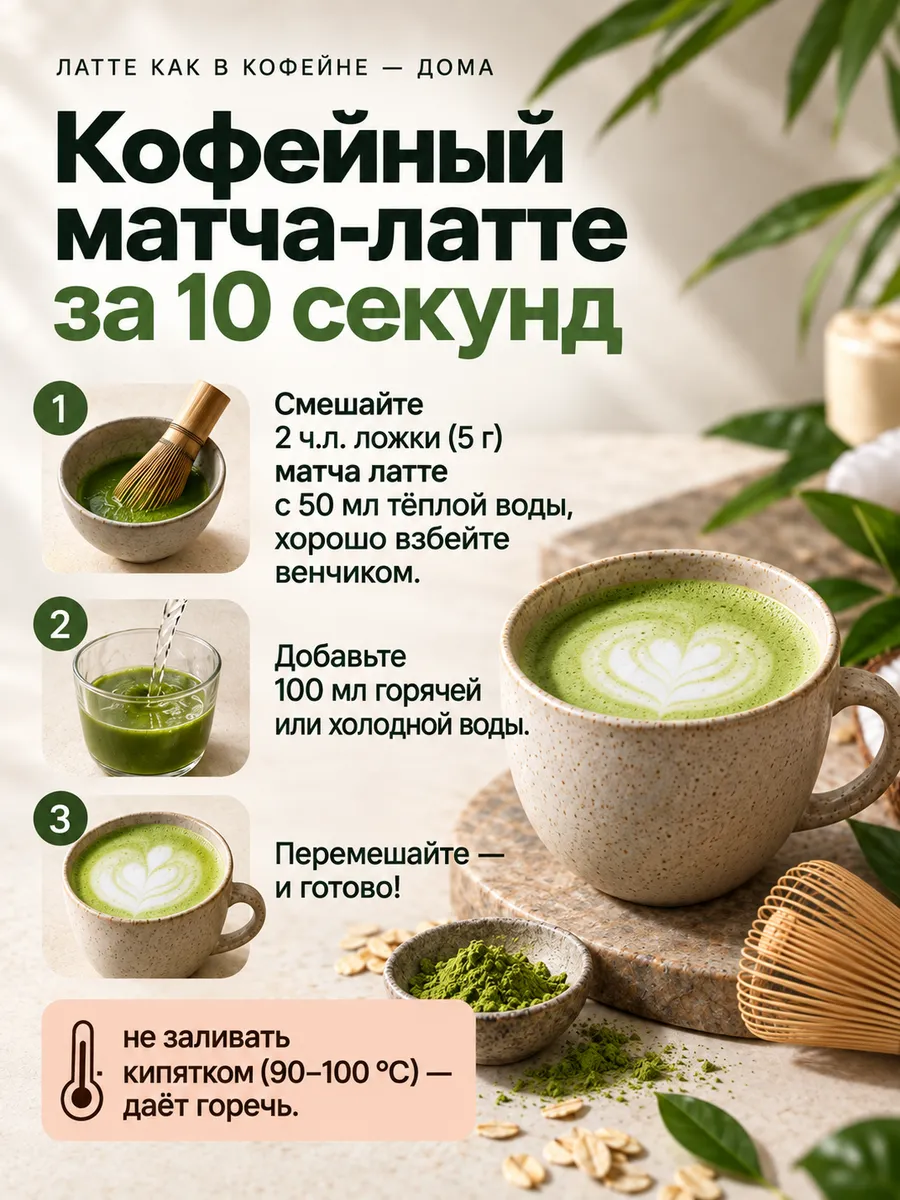Матча латте на кокосовом молоке, порошковый напиток, 100 г