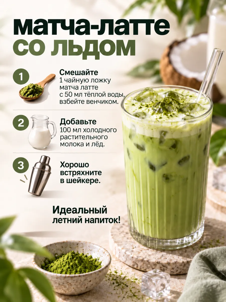 Матча латте на кокосовом молоке, порошковый напиток, 100 г